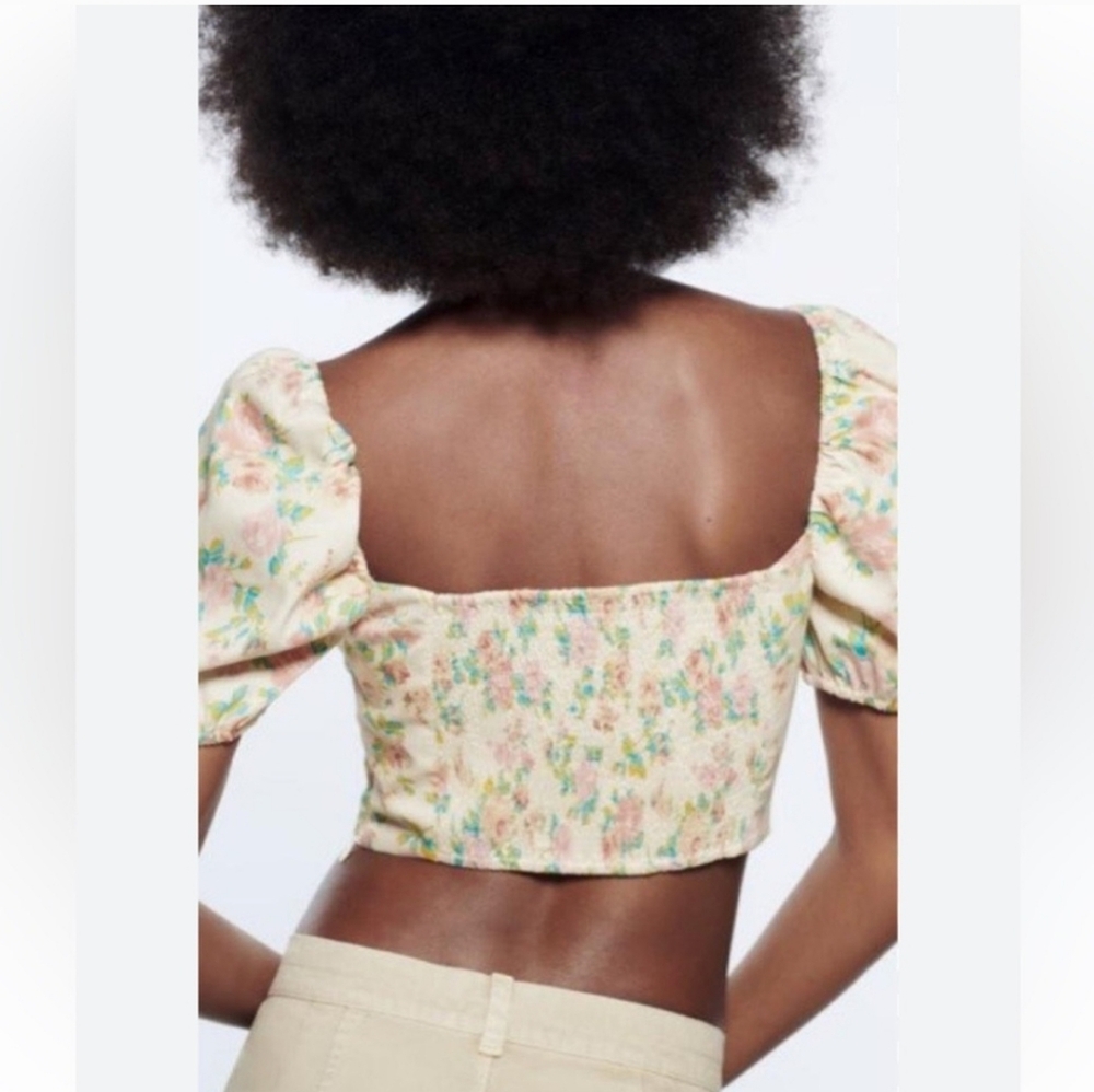 NWOT WOMEN'S ZARA FLORAL PRINTED CORSET CROP TOP BALLOON SLEEVE SHIRT SZ M $50 - Picture 3 of 4